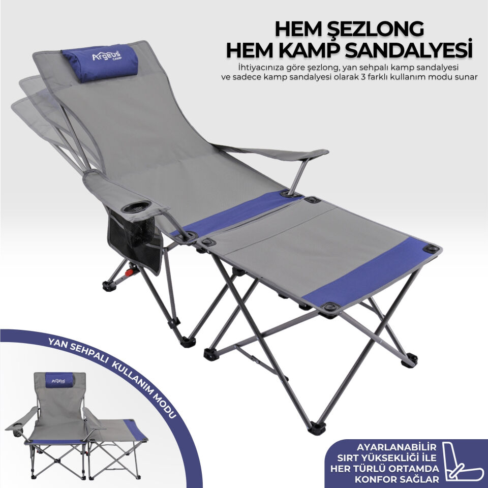 Sırt Ayarlı Katlanabilir Kamp Sandalyesi - 4 Kademeli - Lounge - Gri/Mavi
