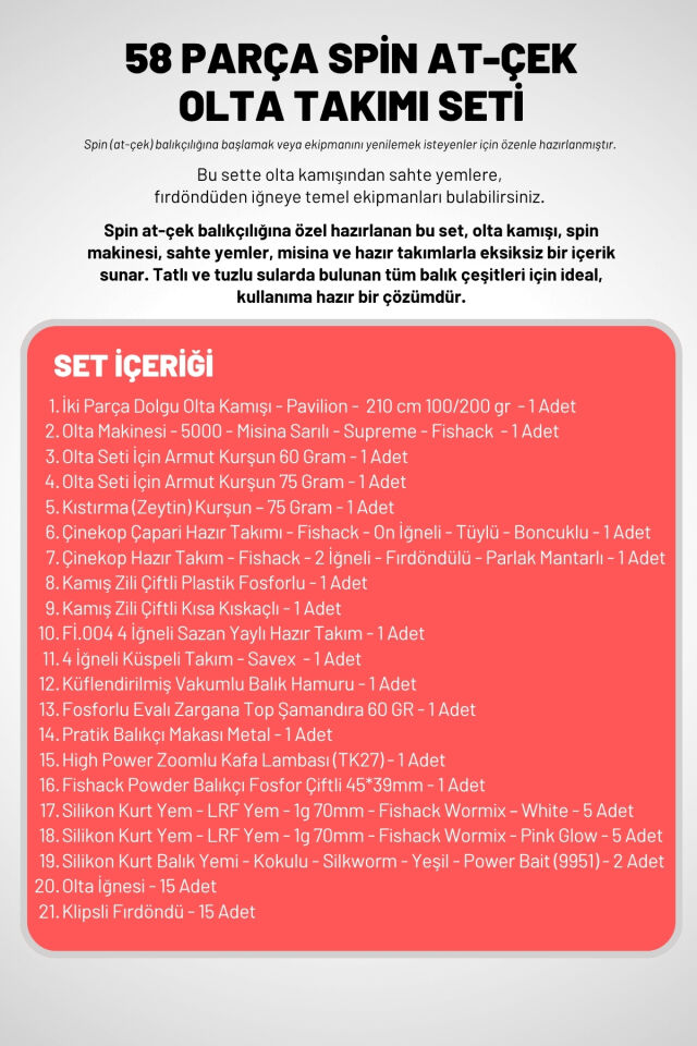 58 Parça Spin, Tekne, Kıyı Olta Takımı Seti - 210cm Krm 100-200G - 50'lik Makine