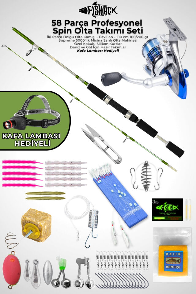 58 Parça Spin, Tekne, Kıyı Olta Takımı Seti - 210cm Yşl 100-200G - 50'lik Makine