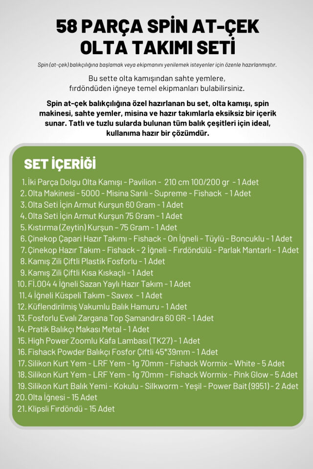 58 Parça Spin, Tekne, Kıyı Olta Takımı Seti - 210cm Yşl 100-200G - 50'lik Makine