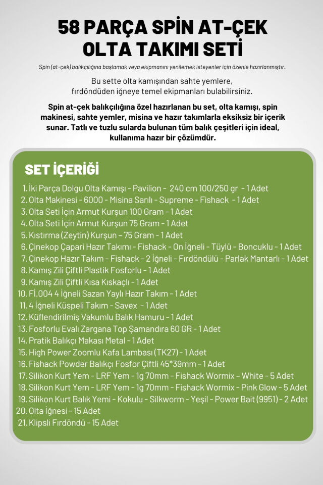 58 Parça Spin, Tekne, Kıyı Olta Takımı Seti - 240cm Yşl 100-250G - 60'lık Makine