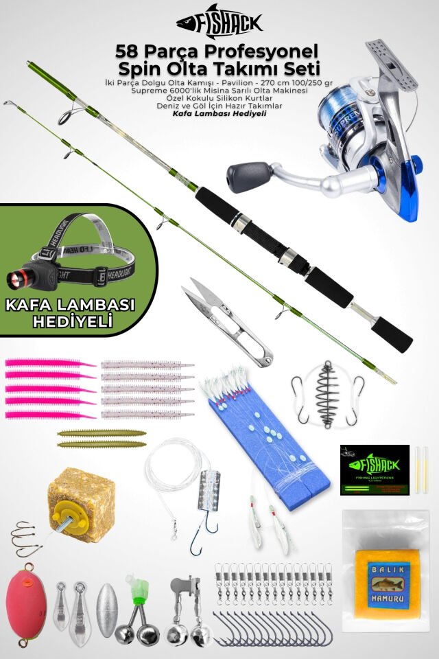 58 Parça Spin, Tekne, Kıyı Olta Takımı Seti - 270cm Yşl 100-250G - 60'lık Makine