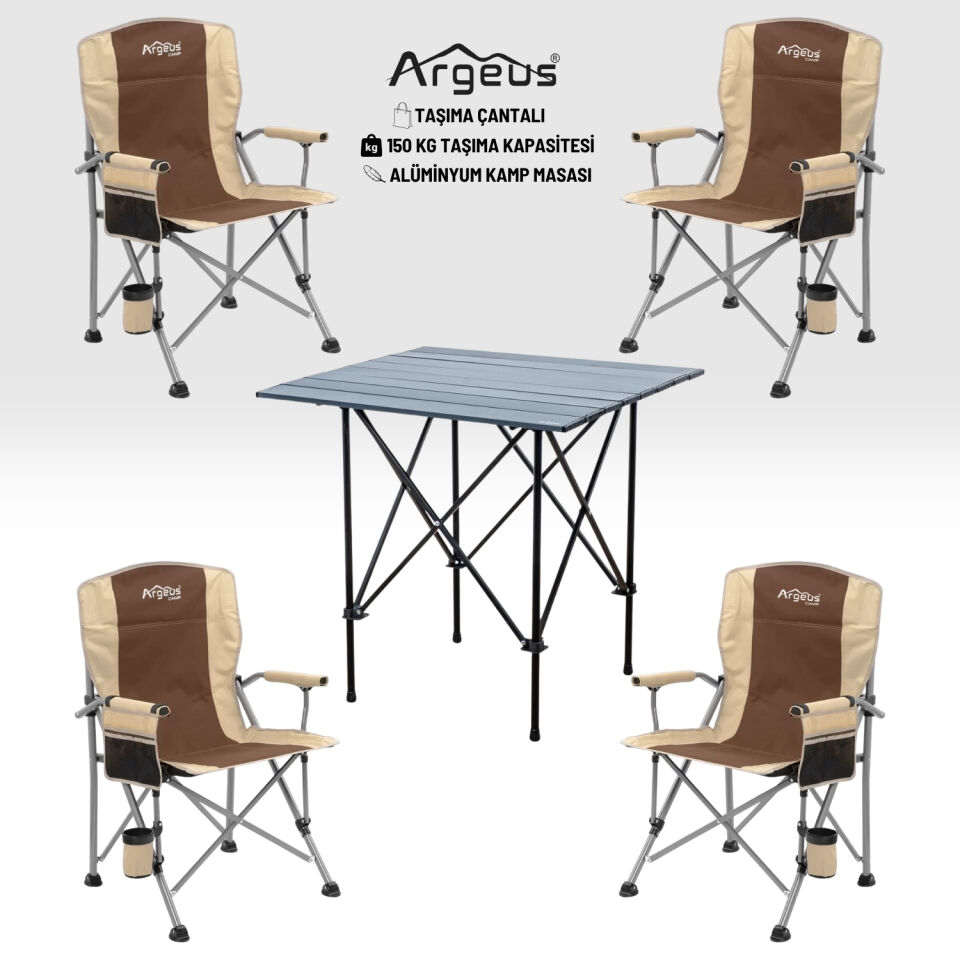 4 Adet Katlanır Kamp Sandalyesi ve Alüminyum Masa Seti - Rustic Dark - Kum