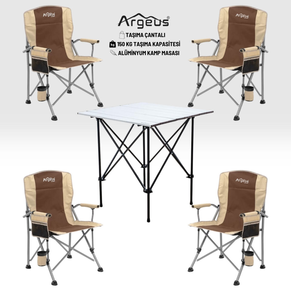 4 Adet Katlanır Kamp Sandalyesi ve Alüminyum Masa Seti - Rustic Silver - Kum