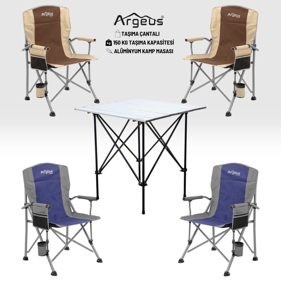 4 Adet Katlanır Kamp Sandalyesi ve Alüminyum Masa Seti - Rustic Silver -Kum/Mavi
