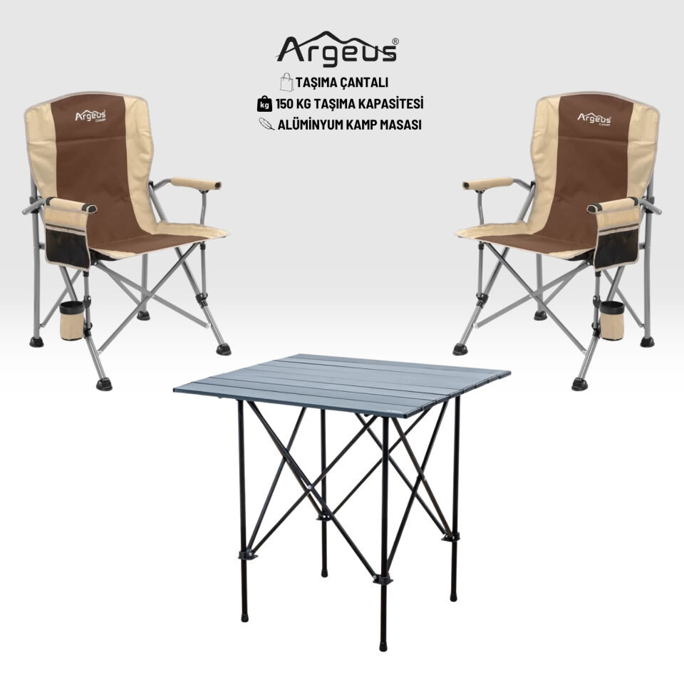 2 Adet Katlanır Kamp Sandalyesi ve Alüminyum Masa Seti - Rustic Dark - Kum