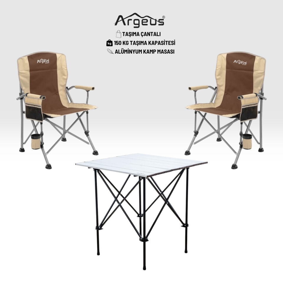 2 Adet Katlanır Kamp Sandalyesi ve Alüminyum Masa Seti - Rustic Silver - Kum