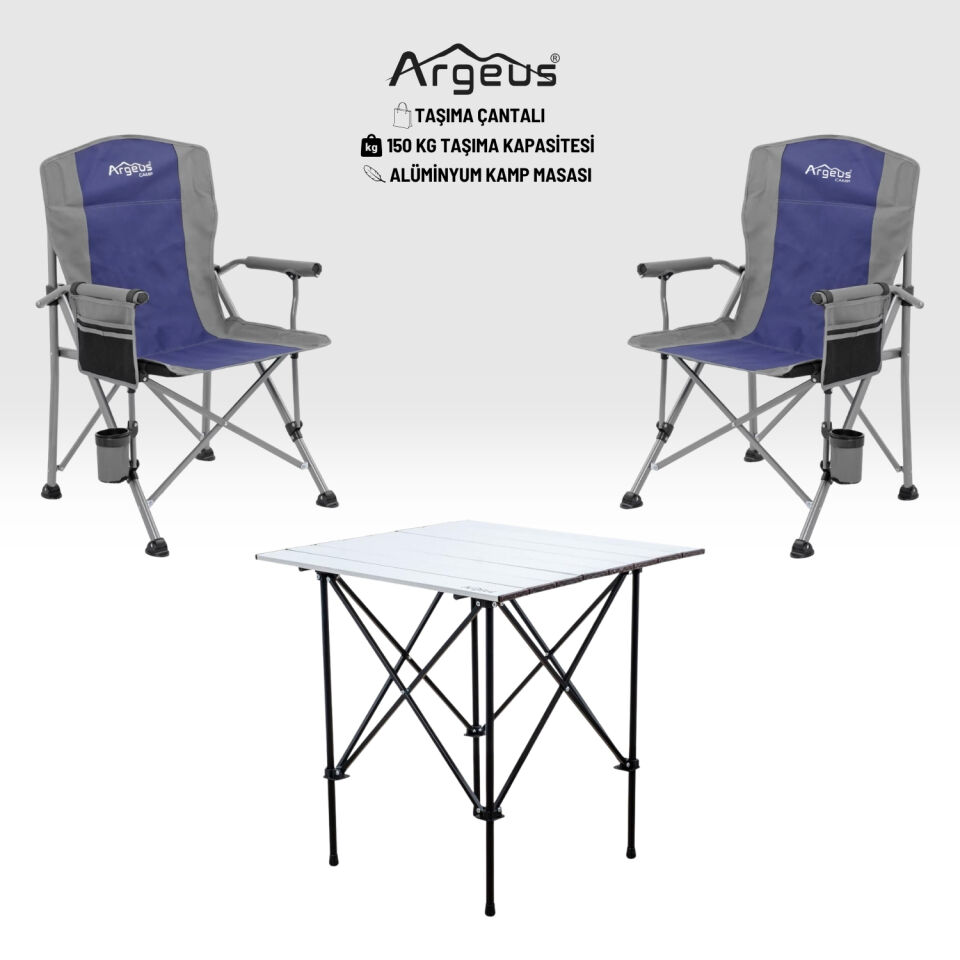 2 Adet Katlanır Kamp Sandalyesi ve Alüminyum Masa Seti - Rustic Silver - Mavi