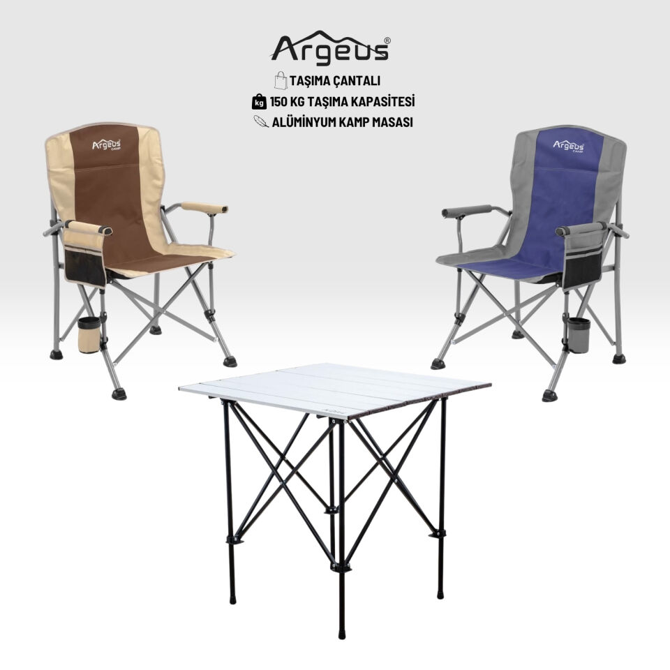 2 Adet Katlanır Kamp Sandalyesi ve Alüminyum Masa Seti - Rustic Silver -Kum/Mavi