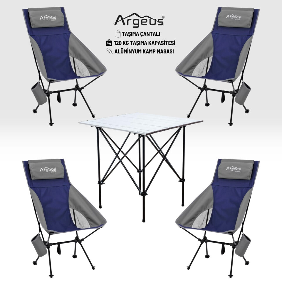 4 Adet Katlanır Kamp Sandalyesi ve Alüminyum Masa Seti - Aero Silver - Mavi