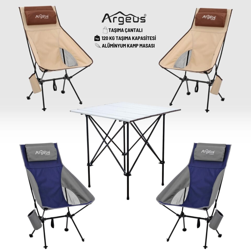 4 Adet Katlanır Kamp Sandalyesi ve Alüminyum Masa Seti - Aero Silver - Mavi/Kum