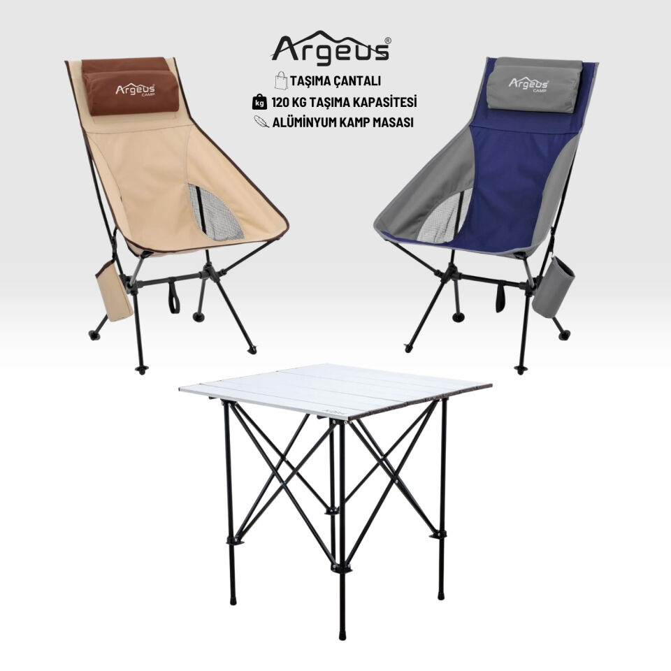 2 Adet Katlanır Kamp Sandalyesi ve Alüminyum Masa Seti - Aero Silver - Kum/Mavi