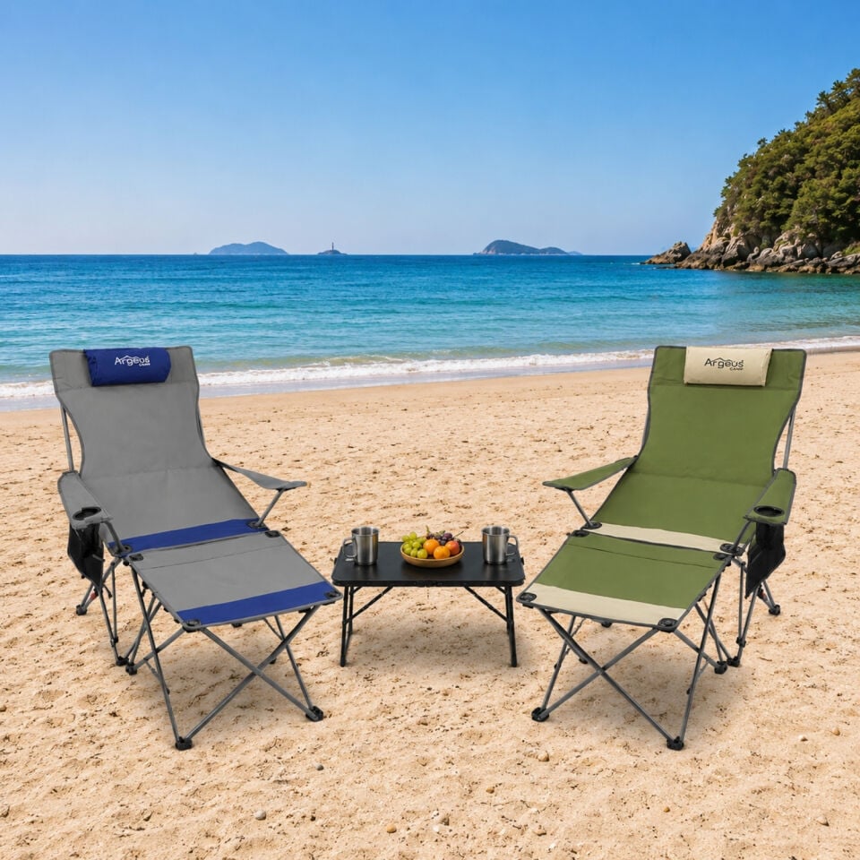 2 Adet Şezlong Kamp Sandalyesi ve Masa Seti - Plaj Seti - Lounge Elevate