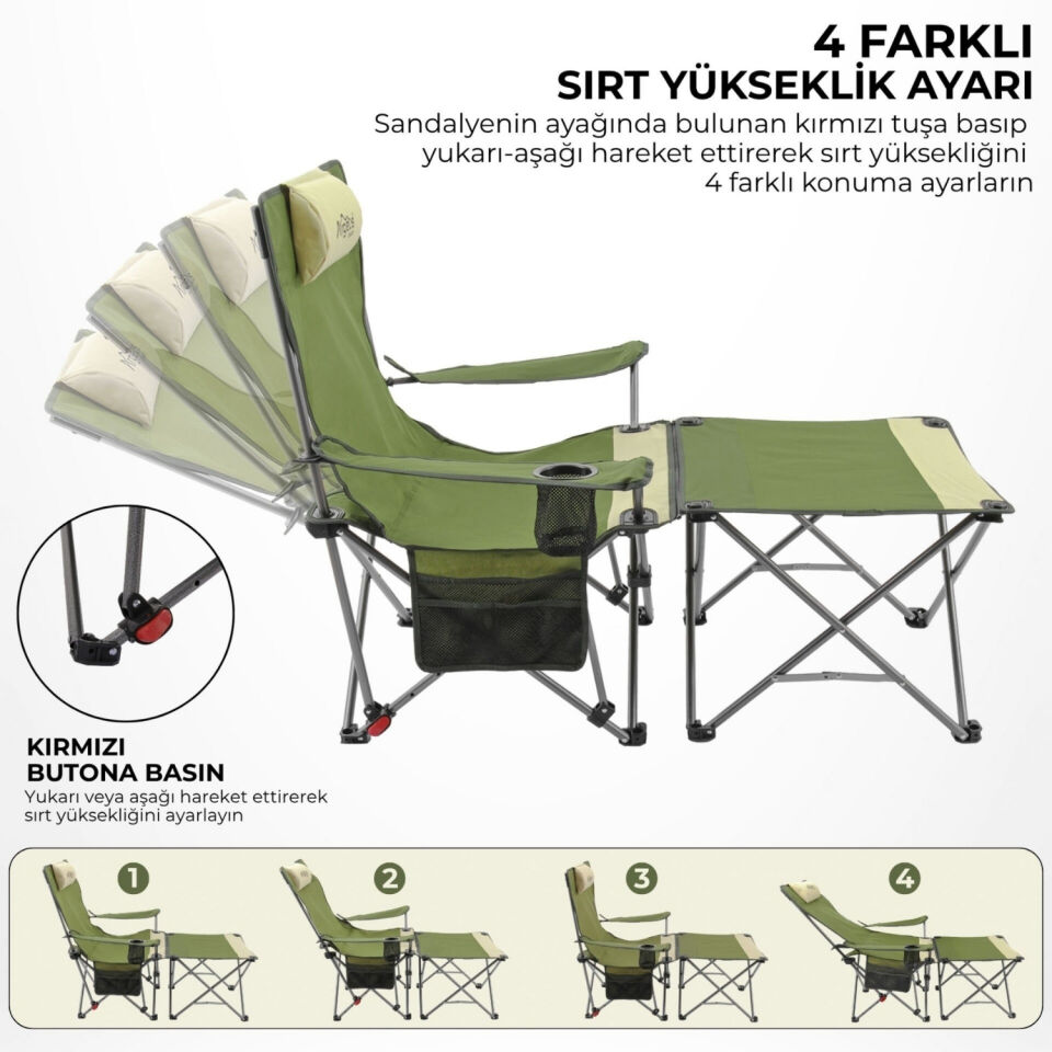 2 Adet Şezlong Kamp Sandalyesi ve Masa Seti - Plaj Seti - Lounge Elevate