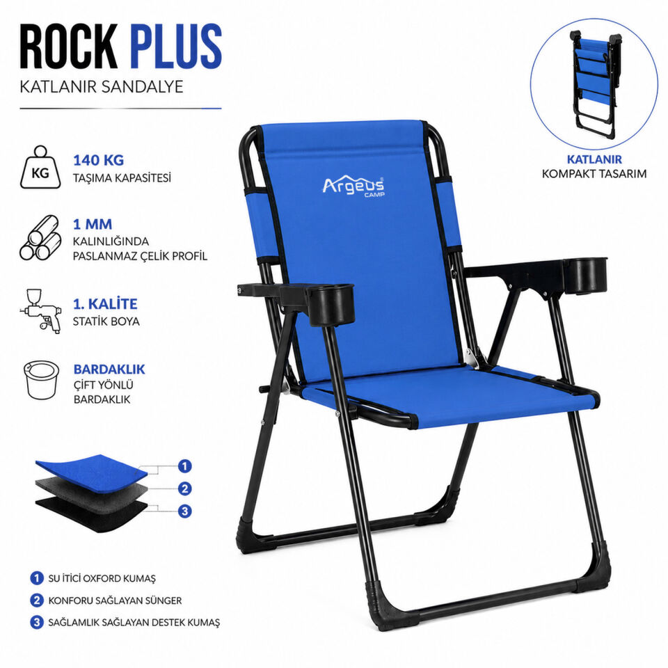 Katlanır Piknik ve Kamp Sandalyesi - Bardaklıklı - Rock Plus - Mavi