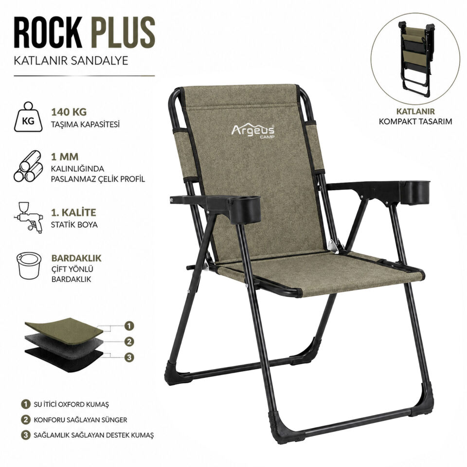 Katlanır Piknik ve Kamp Sandalyesi - Bardaklıklı - Rock Plus - Gusto Haki