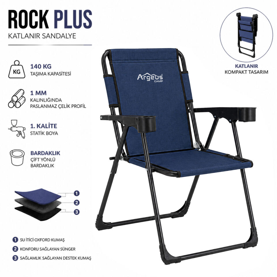 Katlanır Piknik ve Kamp Sandalyesi - Bardaklıklı - Rock Plus - Linen Lacivert