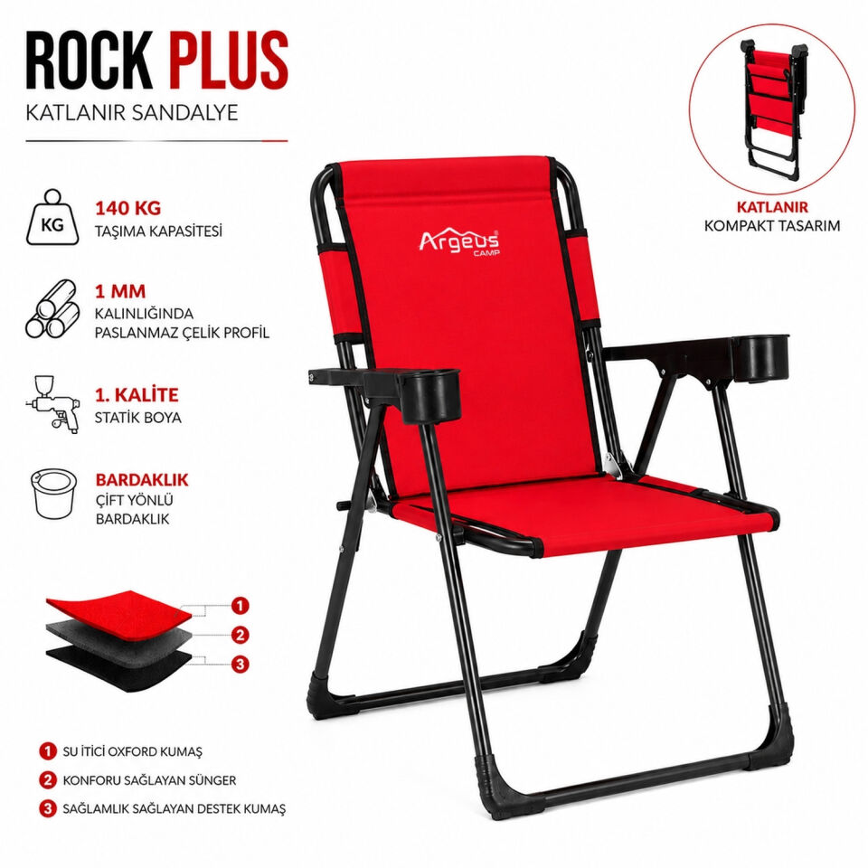 4 Adet Katlanır Kamp Sandalyesi Seti - Rock Plus - Kırmızı