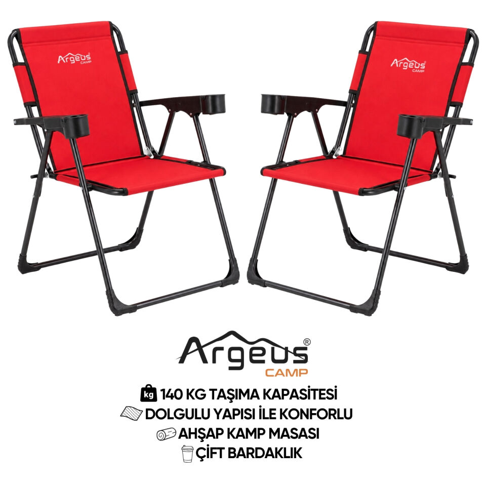 2 Adet Katlanır Kamp Sandalyesi Seti - Rock Plus - Kırmızı