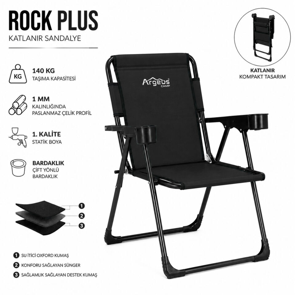 2 Adet Katlanır Kamp Sandalyesi Seti - Rock Plus - Siyah