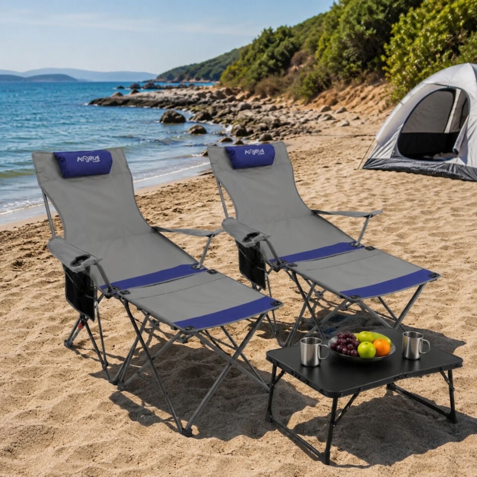 2 Adet Şezlong Kamp Sandalyesi ve Masa Seti - Plaj Seti - Lounge Elevate - Mavi