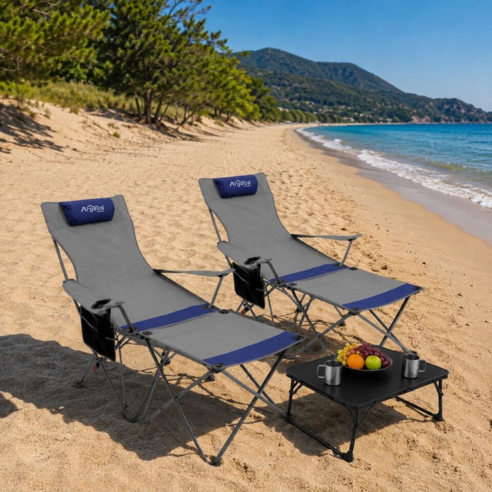 2 Adet Şezlong Kamp Sandalyesi ve Masa Seti - Plaj Seti - Lounge Elevate - Mavi