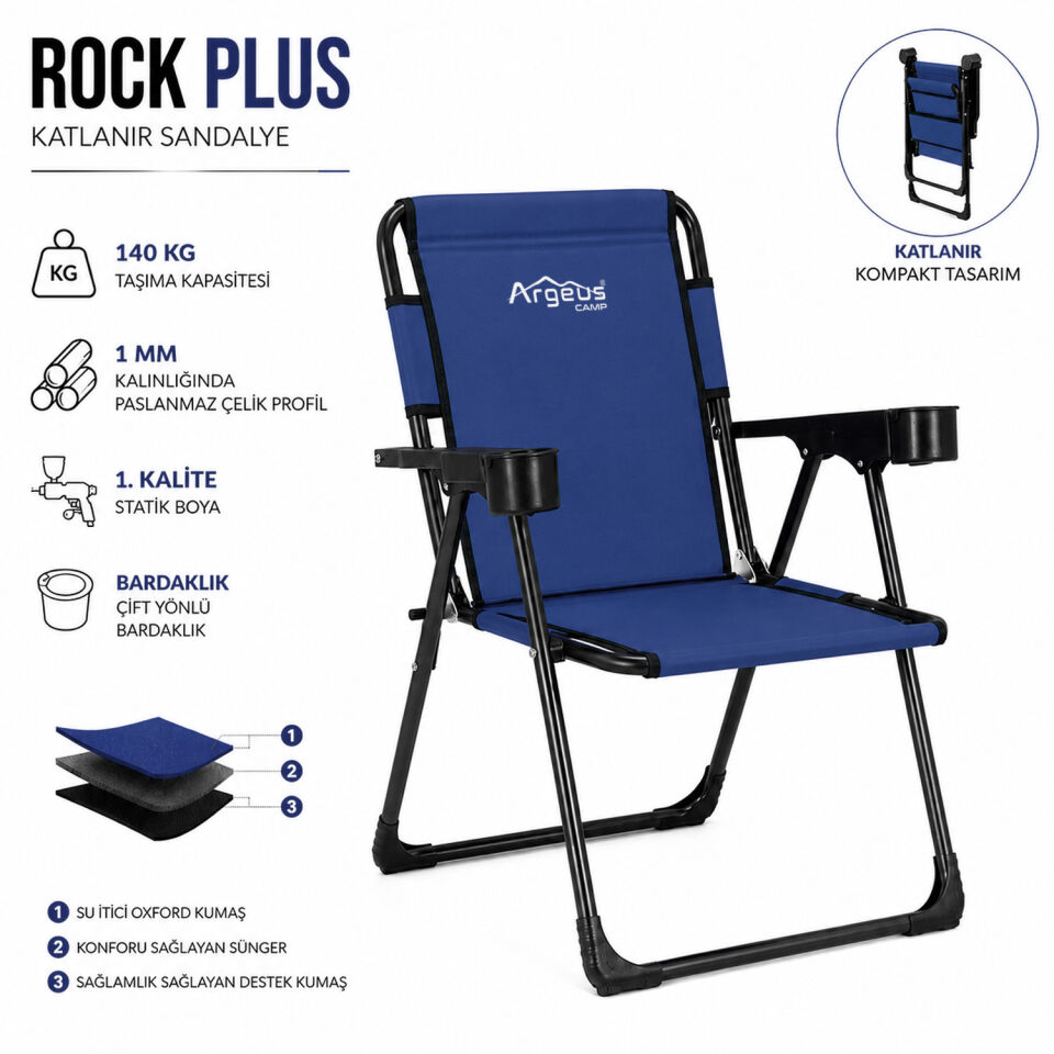 Katlanır Piknik ve Kamp Sandalyesi - Bardaklıklı - Rock Plus - Lacivert
