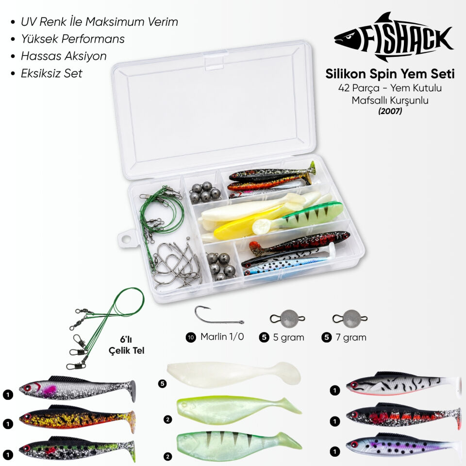Silikon Spin At-Çek Yem Seti - 42 Parça - Kurşunlu - Yem Kutulu - Fishack (2007)