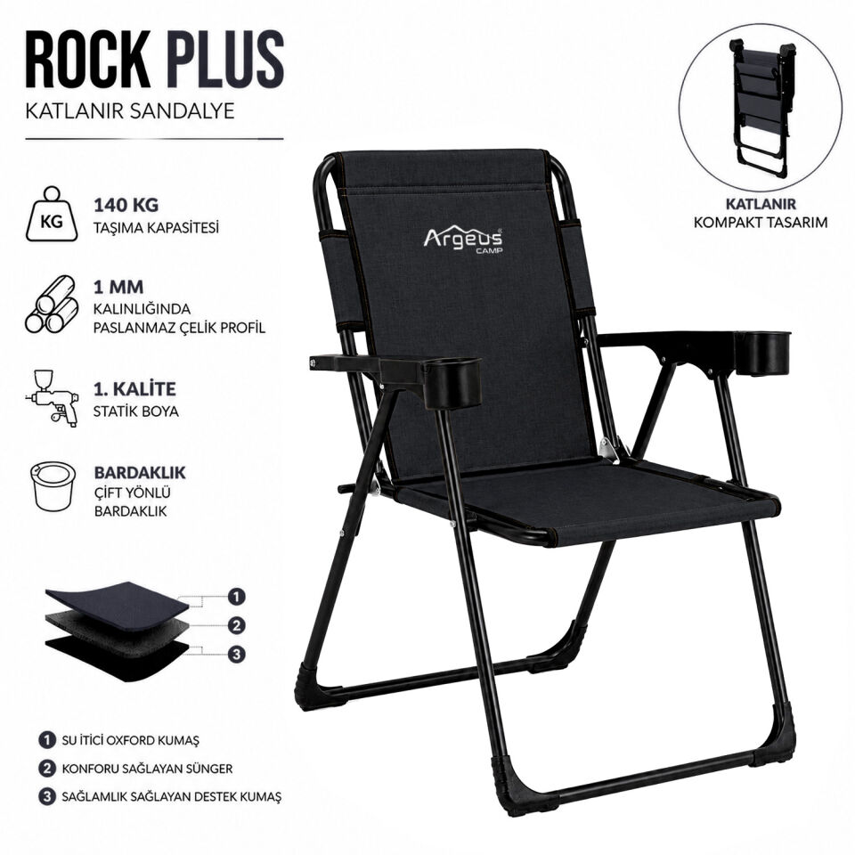 Katlanır Piknik ve Kamp Sandalyesi - Bardaklıklı - Rock Plus - Linen Siyah