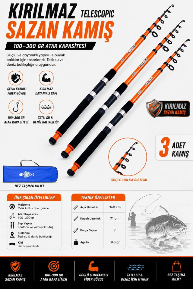 Profesyonel 3’lü Sazan Olta Takımı - 3.60MT- Kırılmaz Kamış Metal Kafa Makine
