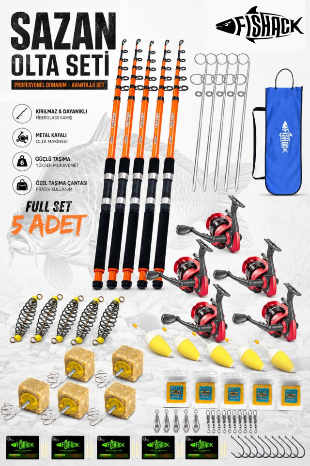 Profesyonel 5’li Sazan Olta Takımı - 3.30MT- Kırılmaz Kamış Metal Kafa Makine
