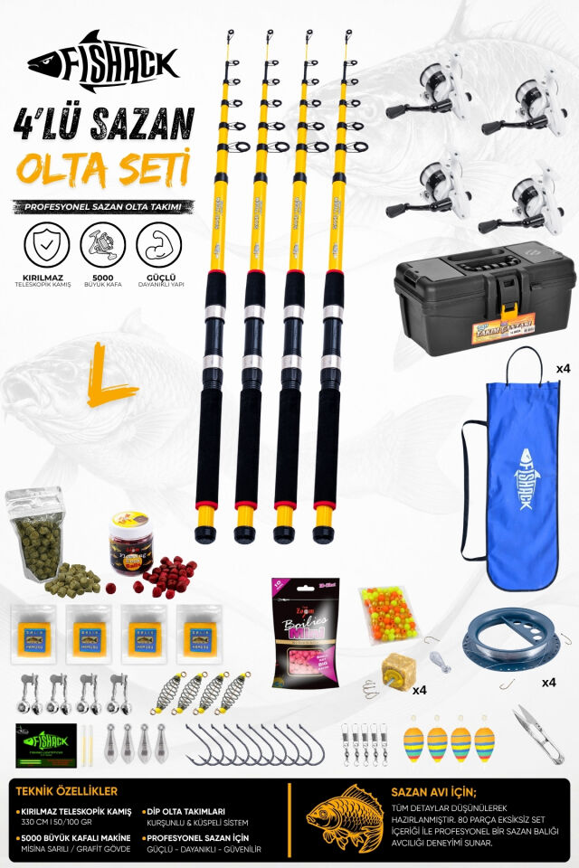 Full Set Profesyonel 4'lü Sazan Olta Seti - L - Kırılmaz Kamış - 3.30M/50-GR