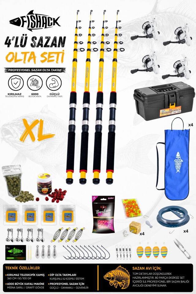Full Set Profesyonel 4'lü Sazan Olta Seti - XL - Kırılmaz Kamış - 3.60M/50-GR