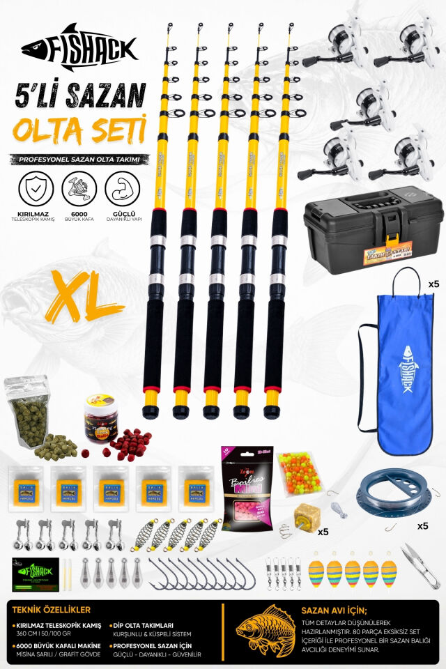 Full Set Profesyonel 5'li Sazan Olta Seti - XL - Kırılmaz Kamış - 3.60M/50-GR