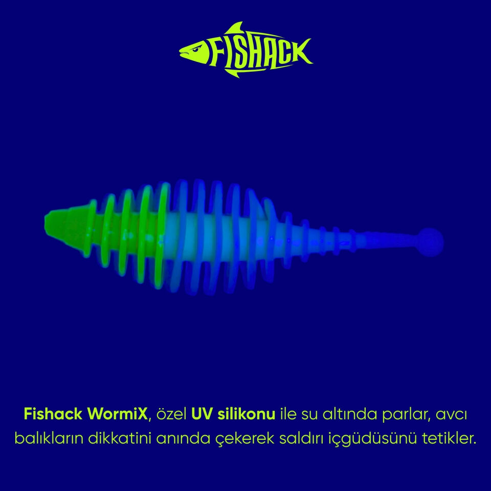 Silikon Kurt Yem - 3g 65mm - Fishack Wormix - 10 Adet - UV - Yeşil/Beyaz