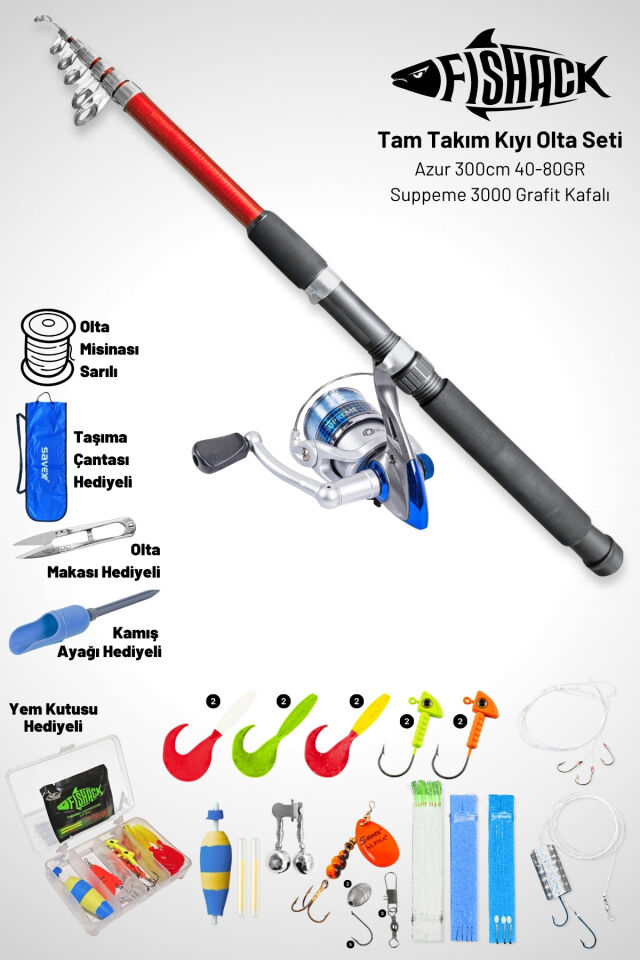 Tam Takım Kıyı Olta Seti - 300 cm Kamış 40-80GR / 3000'lik Supreme Olta Makinesi