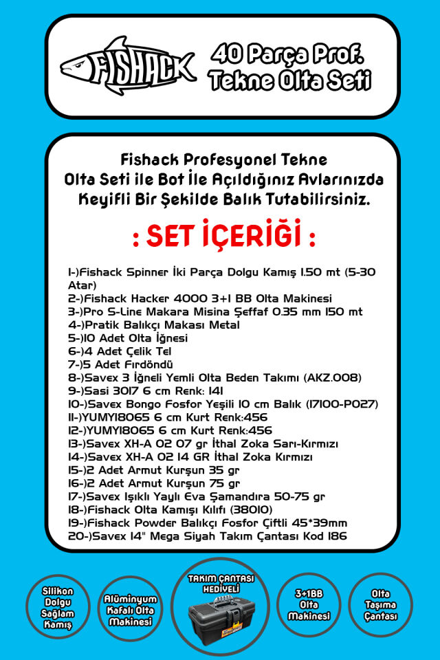 Fishack 40 Parça Profesyonel Tekne Olta Seti - 1.50MT/3+1BB
