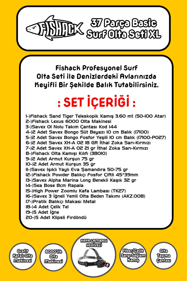 Fishack 37 Parça Surf Basic Deniz Olta Seti XL - 3.60MT / 50-100GR