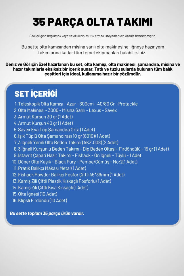 35 Parça Tam Takım Olta Seti - 300cm Kamış 40-80GR / 30'luk Makine (Mavi)
