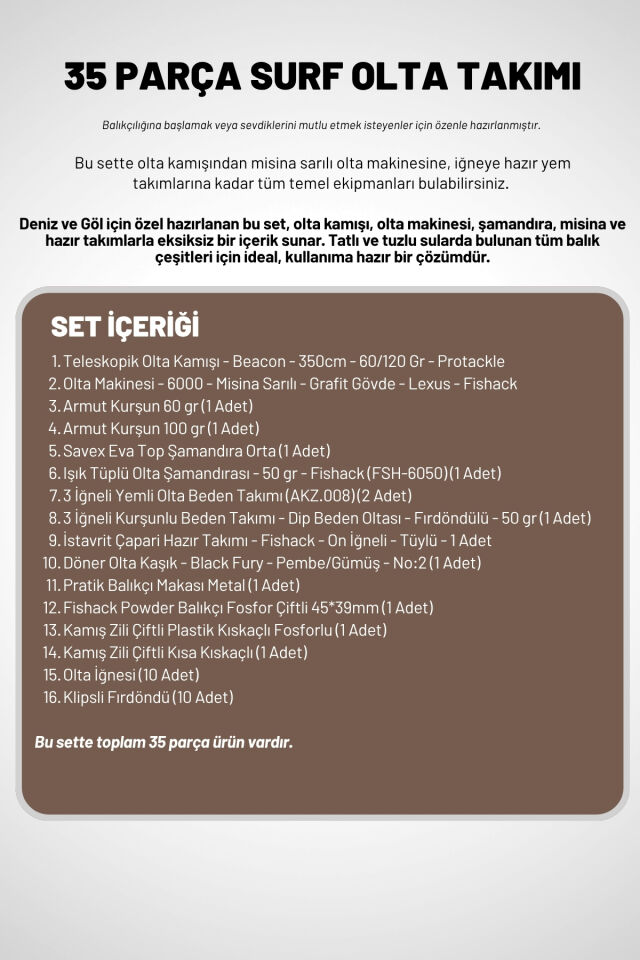 Deniz Ve Göl Surf Olta Takımı Seti 350cm Kamış 60/120gr / 60'lık Makine (Kahve)